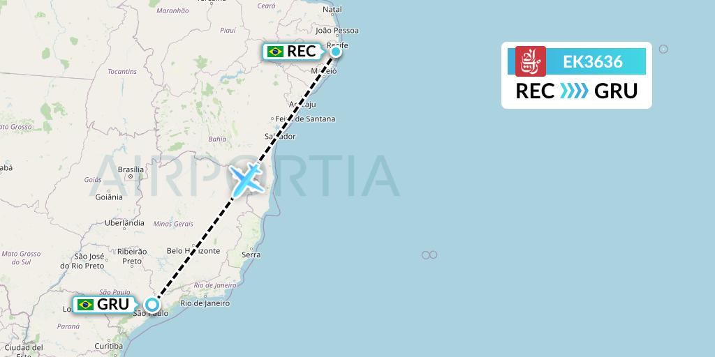 EK3636 Emirates Flight Map: Recife to Sao Paulo