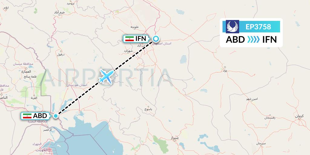 EP3758 Iran Aseman Airlines Flight Map: Abadan to Isfahan