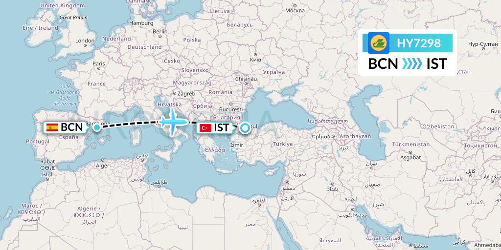 HY7298 Uzbekistan Airways Flight Map: Barcelona to Istanbul