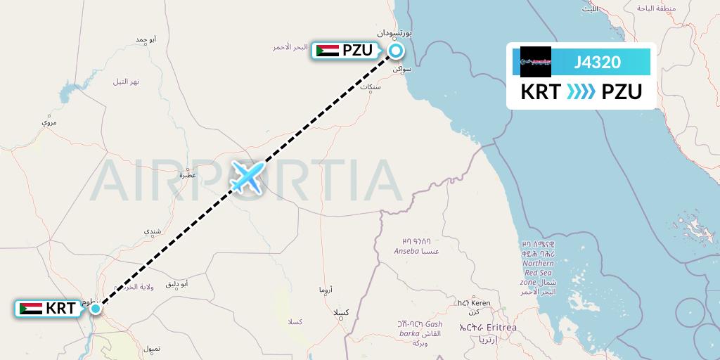 J4320 Badr Airlines Flight Map: Khartoum to Port Sudan