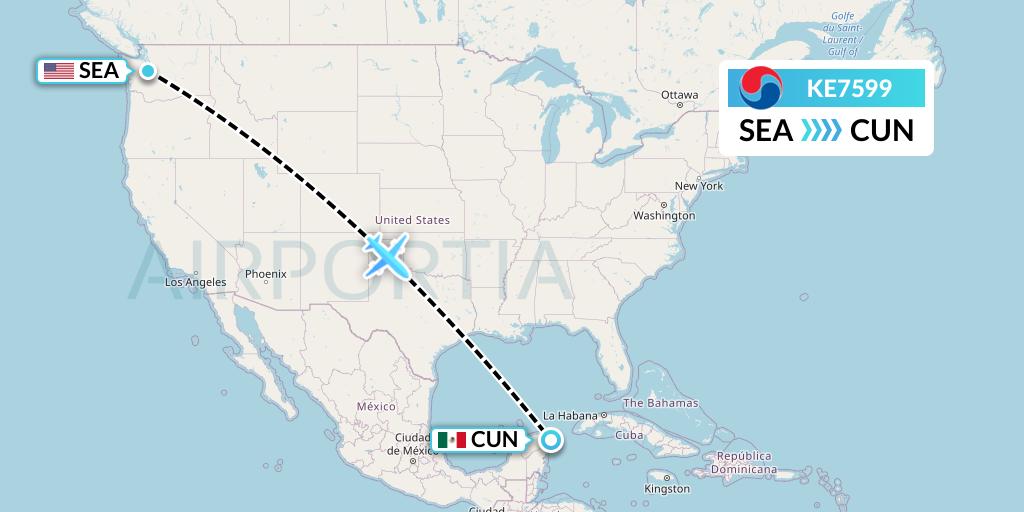 KE7599 Korean Air Flight Map: Seattle to Cancun