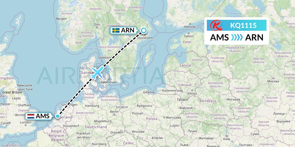 KQ1115 Kenya Airways Flight Map: Amsterdam to Stockholm