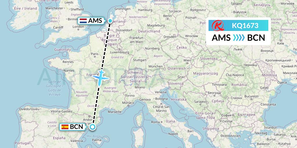 KQ1673 Kenya Airways Flight Map: Amsterdam to Barcelona
