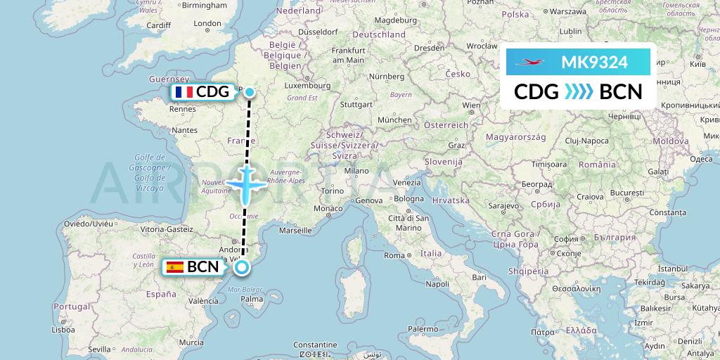MK9324 Air Mauritius Flight Map: Paris to Barcelona