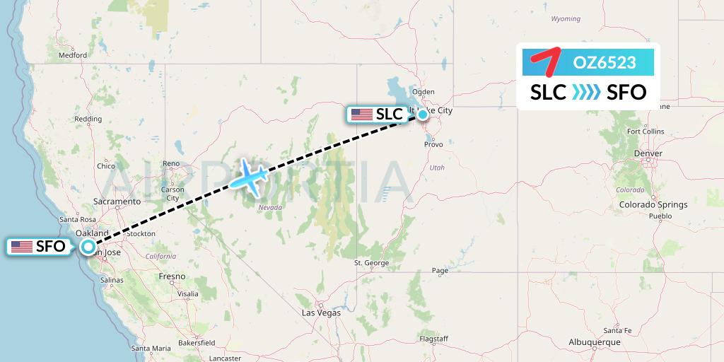 OZ6523 Asiana Airlines Flight Map: Salt Lake City to San Francisco