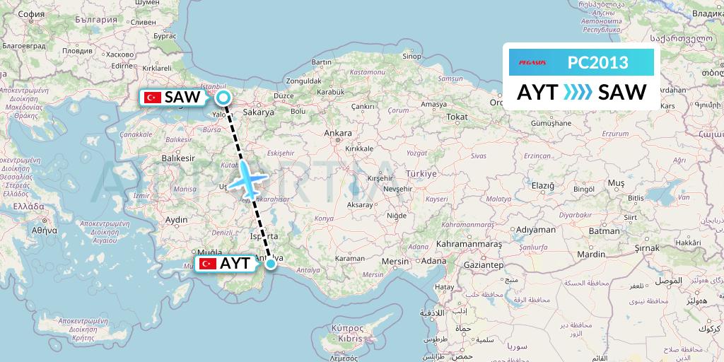 PC2013 Pegasus Airlines Flight Map: Antalya to Istanbul