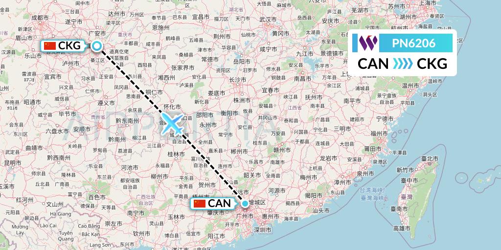 PN6206 China West Air Flight Map: Guangzhou to Chongqing