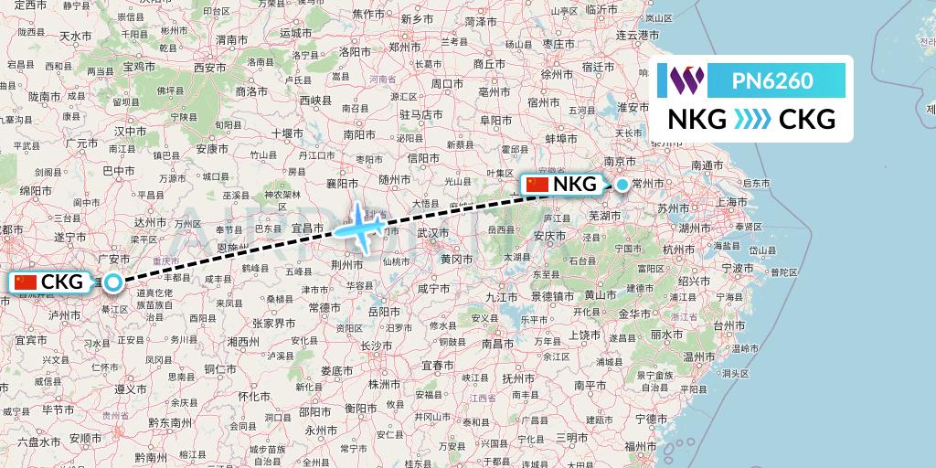 PN6260 China West Air Flight Map: Nanjing to Chongqing