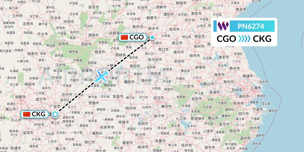 PN6274 China West Air Flight Map: Zhengzhou to Chongqing
