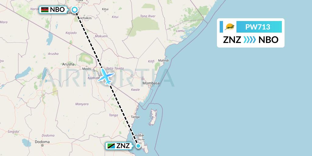 PW713 Precision Air Flight Map: Zanzibar to Nairobi