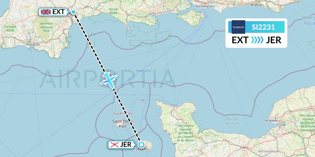 SI2231 Blue Islands Flight Map: Exeter to Jersey