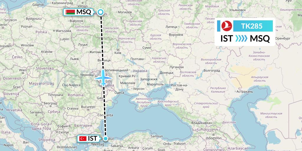 TK285 Turkish Airlines Flight Map: Istanbul to Minsk
