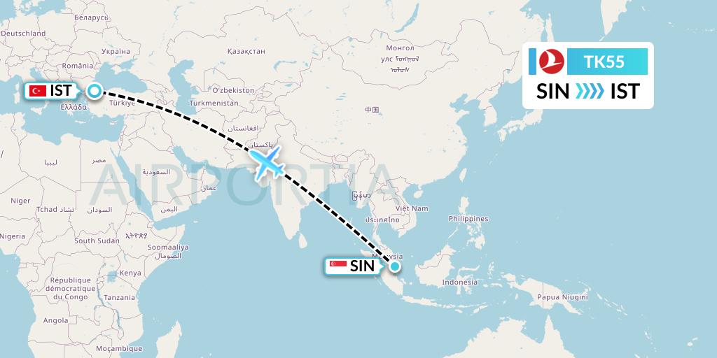 TK55 Turkish Airlines Flight Map: Singapore to Istanbul