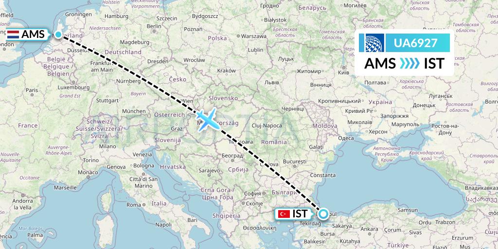 UA6927 United Airlines Flight Map: Amsterdam to Istanbul