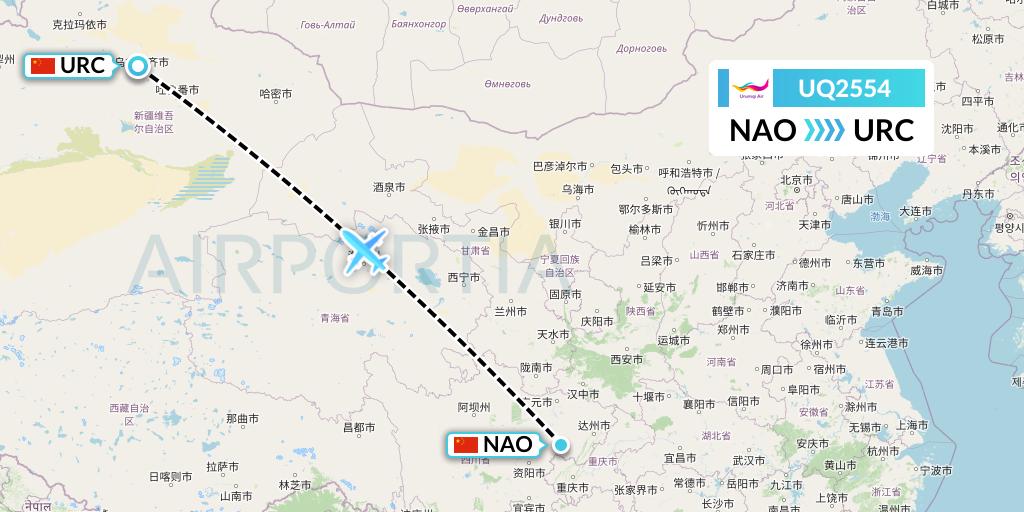 UQ2554 Urumqi Airlines Flight Map: Nanchong to Urumqi