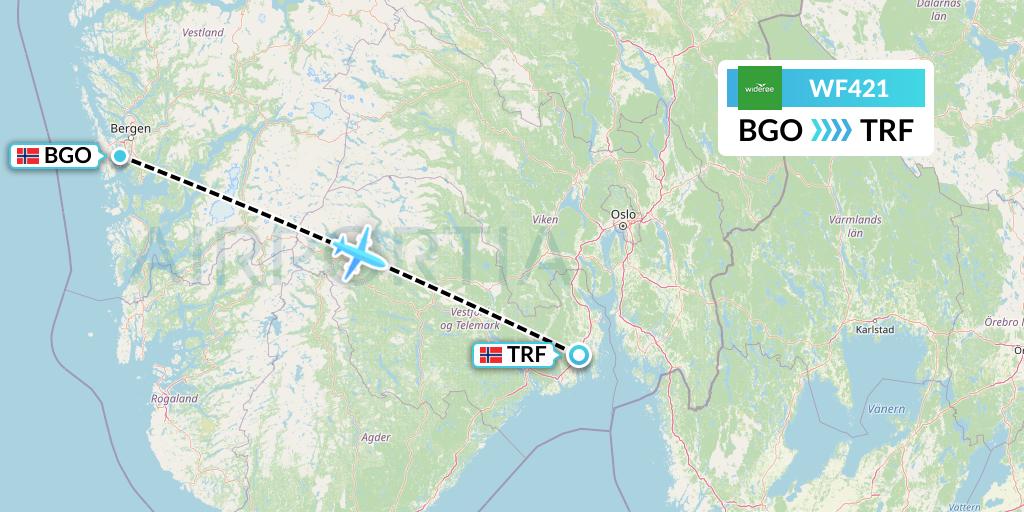 WF421 Wideroe Flight Map: Bergen to Oslo