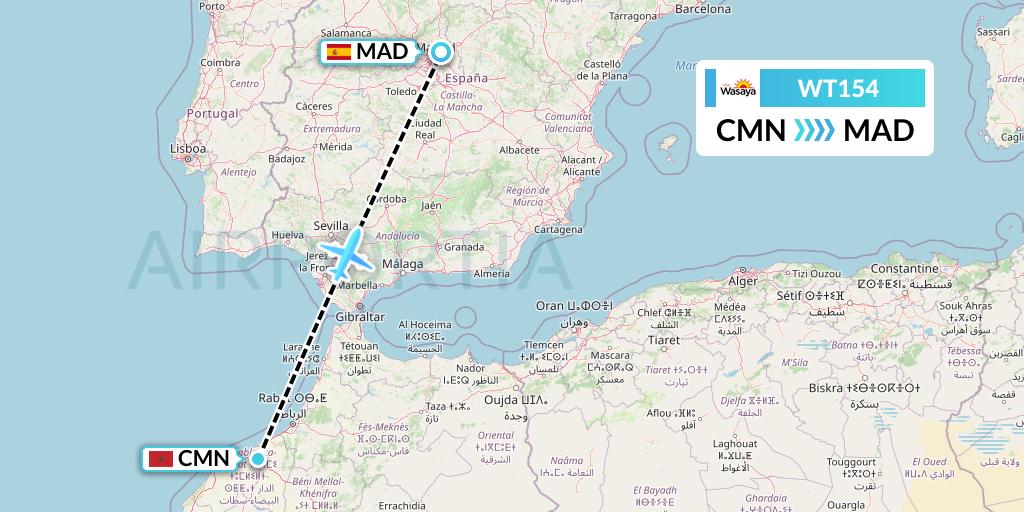 WT154 Swiftair Flight Map: Casablanca to Madrid