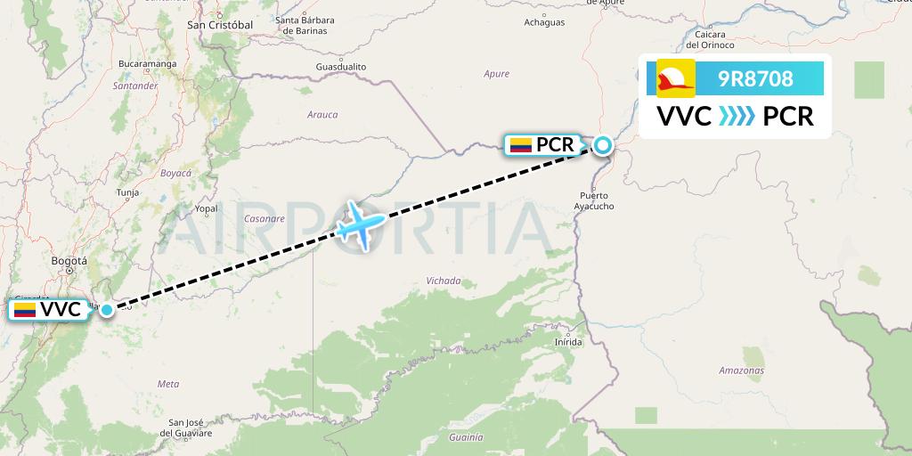 9R8708 Satena Flight Map: Villavicencio to Puerto Carreno