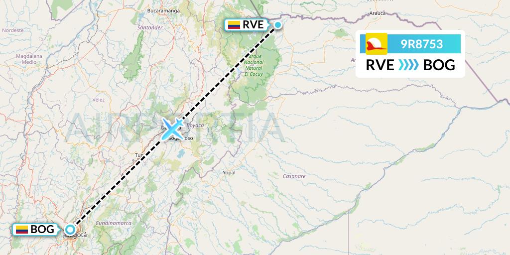9R8753 Satena Flight Map: Saravena to Bogota