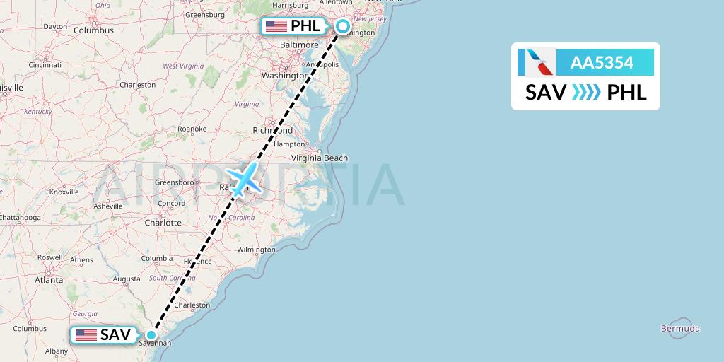 AA5354 American Airlines Flight Map: Savannah to Philadelphia