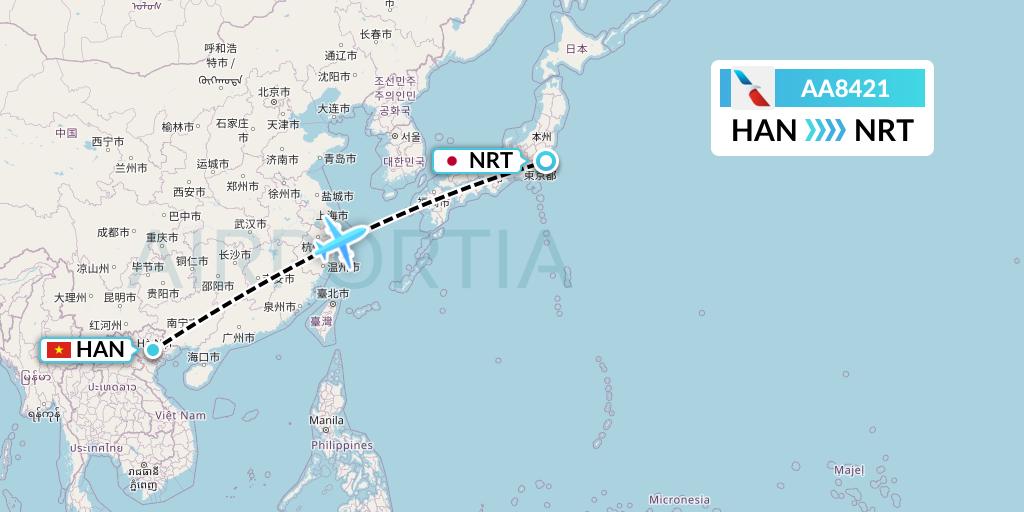 AA8421 American Airlines Flight Map: Hanoi to Tokyo