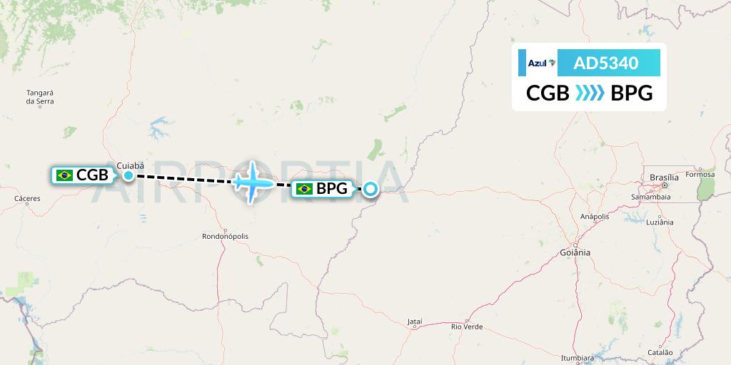 AD5340 Azul Brazilian Airlines Flight Map: Cuiaba to Barra Do Garcas