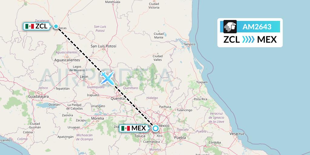 AM2643 Aeromexico Flight Map: Zacatecas to Mexico City