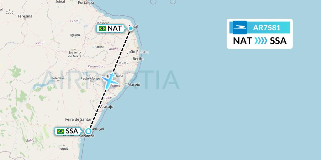 AR7581 Aerolineas Argentinas Flight Map: Natal to Salvador