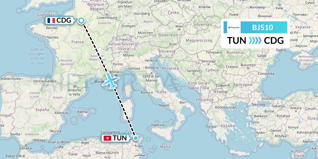 BJ510 Nouvelair Tunisie Flight Map: Tunis to Paris