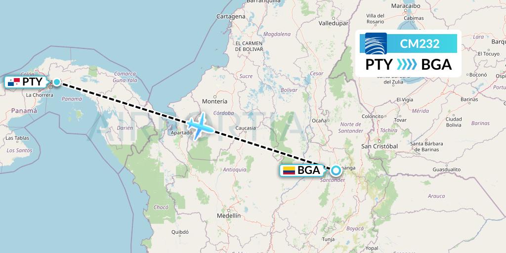 CM232 Copa Airlines Flight Map: Panama City to Bucaramanga