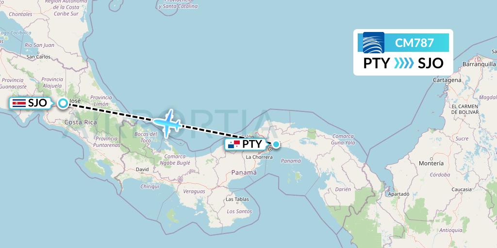 CM787 Copa Airlines Flight Map: Panama City to San Jose