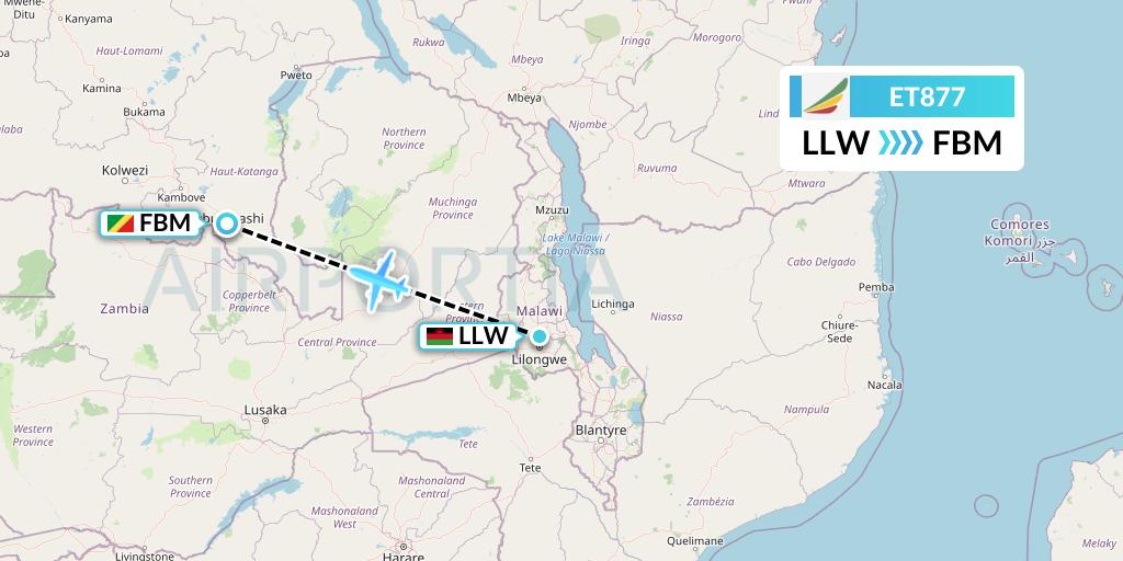 ET877 Ethiopian Airlines Flight Map: Lilongwe to Lubumbashi