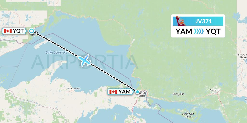 JV371 Bearskin Airlines Flight Map: Sault Ste. Marie to Thunder Bay