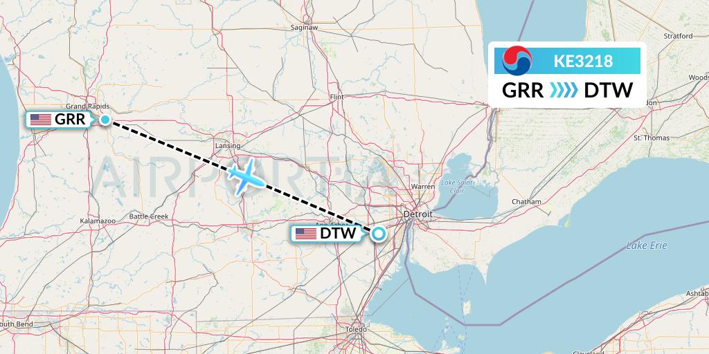 KE3218 Korean Air Flight Map: Grand Rapids to Detroit