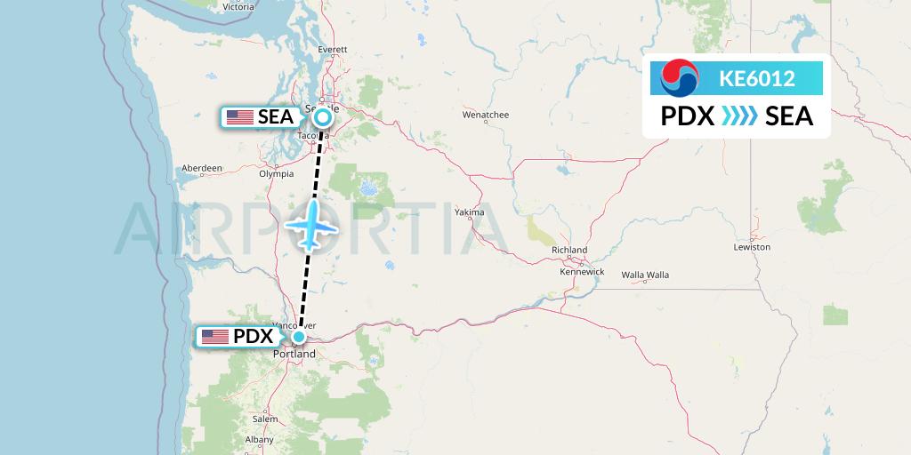 KE6012 Korean Air Flight Map: Portland to Seattle