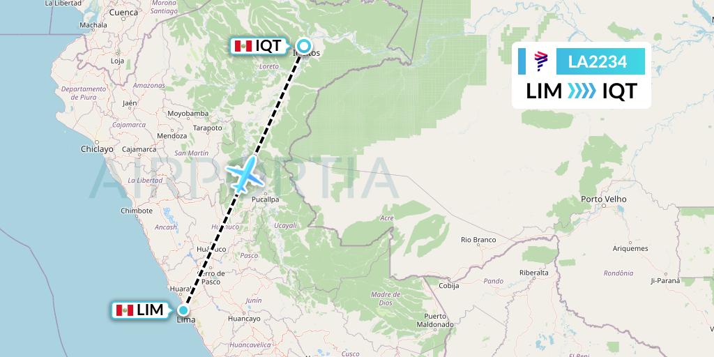 LA2234 LAN Airlines Flight Map: Lima to Iquitos