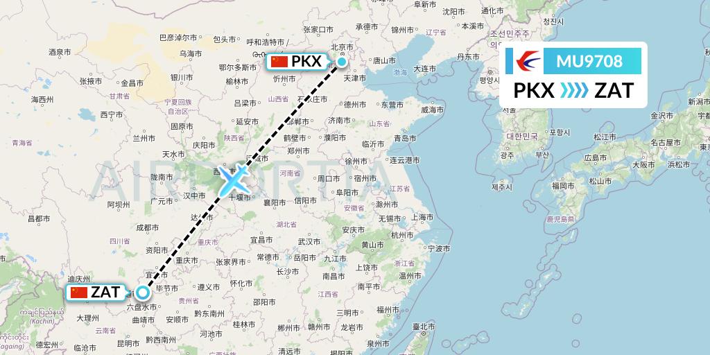 MU9708 China Eastern Airlines Flight Map: Beijing to Zhaotong