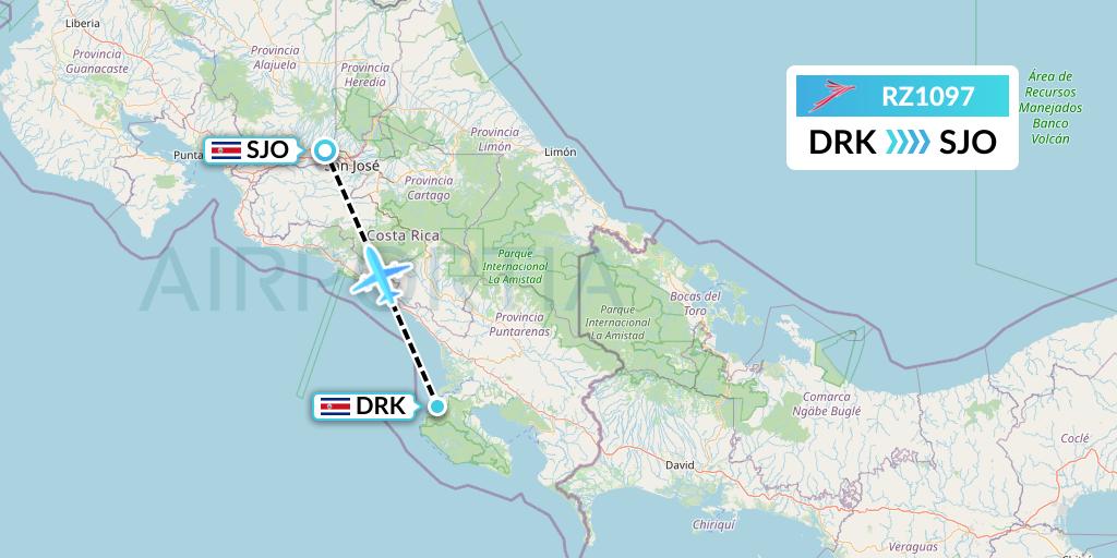 RZ1097 Sansa Airlines Flight Map: Agujitas de Drake to San Jose
