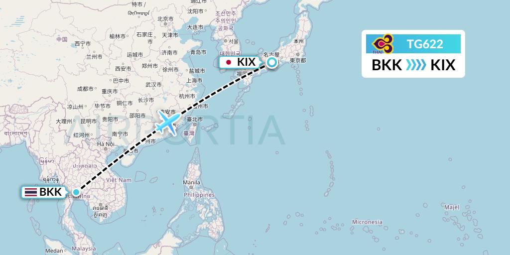 TG622 Thai Airways Flight Map: Bangkok to Osaka
