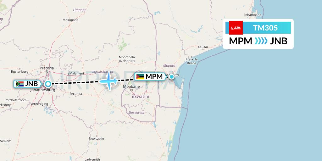 TM305 LAM Mozambique Airlines Flight Map: Maputo to Johannesburg