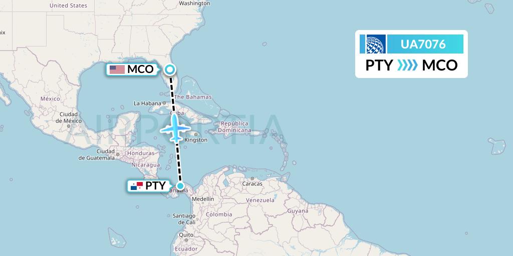 UA7076 United Airlines Flight Map: Panama City to Orlando