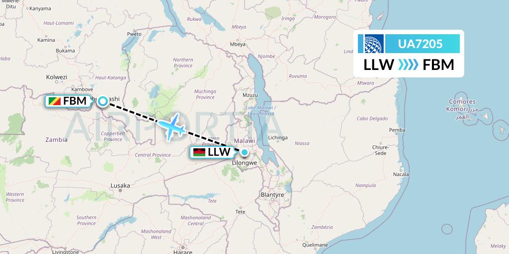 UA7205 United Airlines Flight Map: Lilongwe to Lubumbashi
