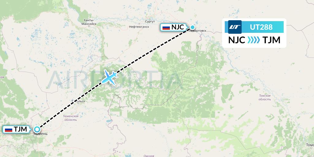 UT288 UTair Flight Map: Nizhnevartovsk to Tyumen