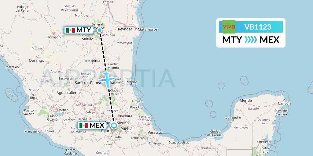 VB1123 VivaAerobus Flight Map: Monterrey to Mexico City