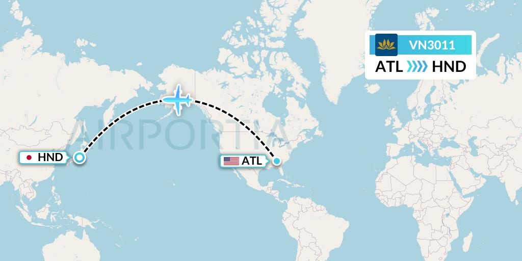 VN3011 Vietnam Airlines Flight Map: Atlanta to Tokyo