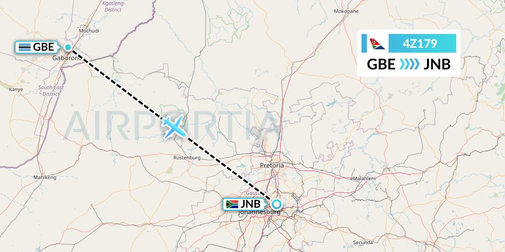 4Z179 Airlink Flight Map: Gaborone to Johannesburg