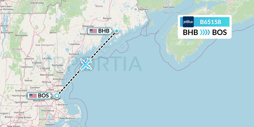 B65158 JetBlue Airways Flight Map: Bar Harbor to Boston