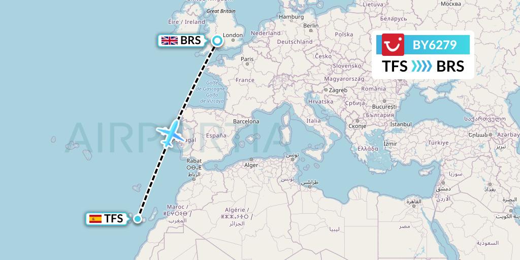 BY6279 TUI Airways Flight Map: Tenerife to Bristol