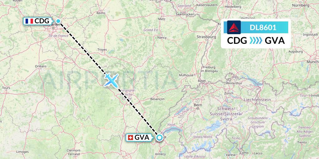 DL8601 Delta Air Lines Flight Map: Paris to Geneva