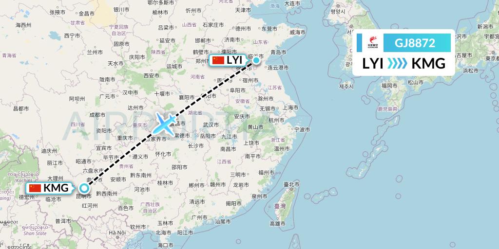 GJ8872 Loong Airlines Flight Map: Linyi to Kunming